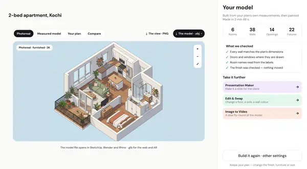 Plan to 3D in Velocity AOI: a two-bedroom apartment plan turned into a furnished 3D model