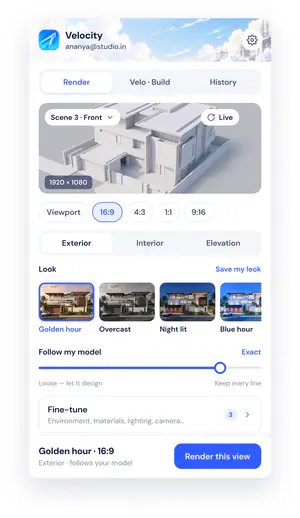 The Velocity AOI SketchUp plugin: pick a look, set Follow my model, then Render this view