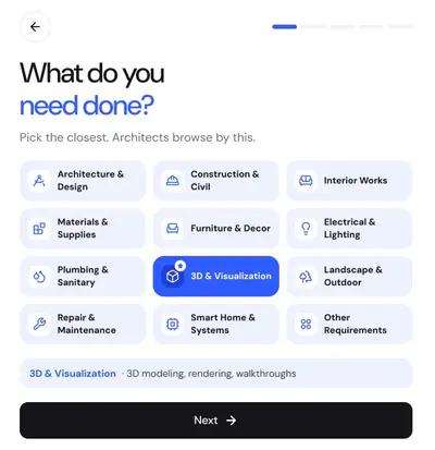 Posting a project on Velocity AOI: “What do you need done?” with the kinds of work architects browse by