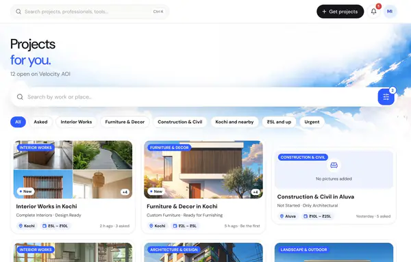Projects for you on Velocity AOI: open home projects in Kochi, Thrissur and Aluva, filtered by type of work