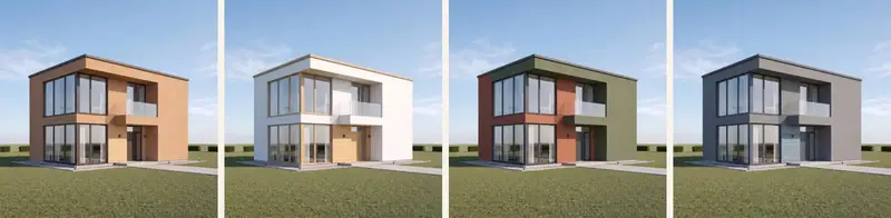 The same contemporary two-storey house rendered in four colour schemes side by side: warm earth tones, white with natural wood, terracotta with olive, and cool greys with blue
