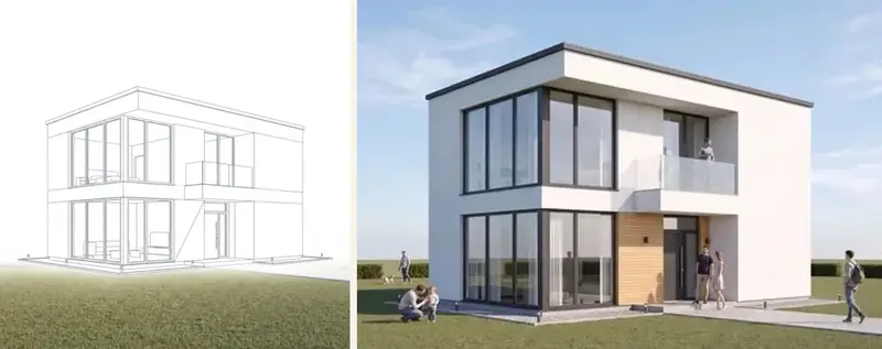 Left: a white line model of a two-storey flat-roofed house with large glazed corners and a glass balcony. Right: the same house from the same camera rendered photoreal in daylight with white plaster, timber cladding by the door and people on the lawn