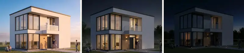 The same white two-storey house with timber cladding rendered three times: at dusk with a soft blue sky, in the evening with warm interior lights, and late at night with only a few lights on