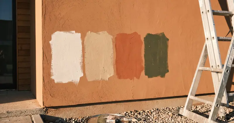 Four paint test patches in off-white, sand beige, terracotta and olive green brushed side by side on a plastered exterior wall in morning sun, with a paint tin and ladder. Illustrative image, made with AI.