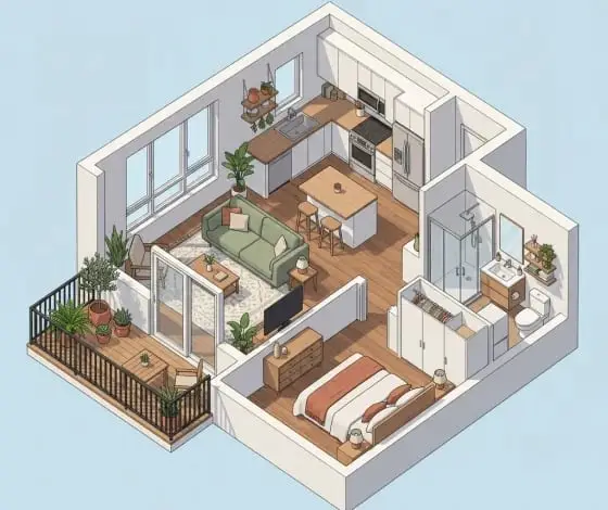 Cut-away isometric 3D view of a one-bedroom apartment showing the living room with a green sofa, an open kitchen with an island, a bathroom, the bedroom and a balcony with plants. Illustrative image, made with AI