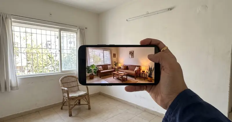 A hand holds a phone up in a plain Pune living room with vitrified tiles, a grilled window and a cane chair, and the phone screen shows the same room restyled with a teak sofa, a jute rug and warm lamps. Illustrative image, made with AI.