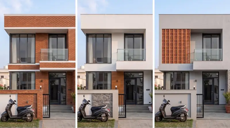 The same two-storey Indian house shown in three facade finishes side by side: exposed red brick, white plaster with teak and stone, and grey paint with a terracotta jali screen. Illustrative image, made with AI.
