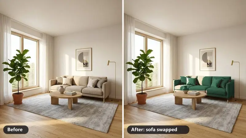 The same living room twice: on the left with a beige three-seater sofa, on the right with a green velvet sofa in its place, while the walls, window, rug and lighting stay the same