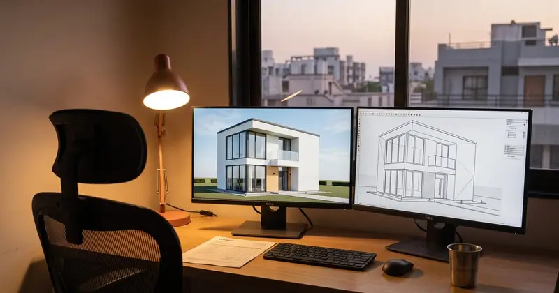 A visualiser's desk in Ahmedabad at dusk: one monitor shows a photoreal render of a modern white G+1 house, the other shows the same house as a SketchUp-style line model, with a printed quotation sheet and a steel tumbler of chai on the desk. Illustrative image, made with AI.