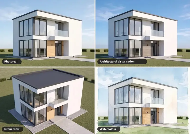 The same modern house shown four ways side by side: a photoreal render, an architectural visualisation, a drone view from above and a watercolour sketch
