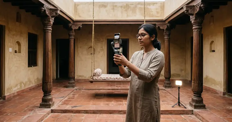 A young woman architect filming a vertical video on a phone gimbal in the courtyard of a restored Ahmedabad house with teak columns, terracotta floor and a swing. Illustrative image, made with AI.