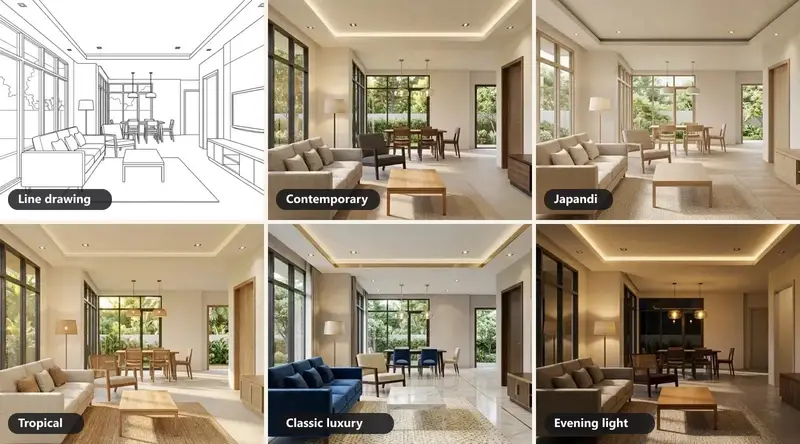 A living-dining room shown first as a line drawing, then rendered in contemporary, Japandi, tropical and classic-luxury styles and once in evening light, with the windows and layout identical in every version