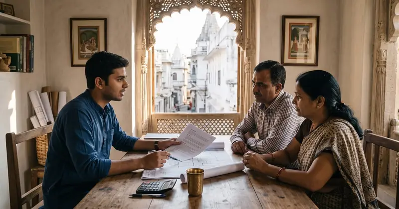A young architect in an Udaipur studio with a carved stone jharokha window explaining a printed fee proposal and house plan to a middle-aged couple across a wooden table. Illustrative image, made with AI.