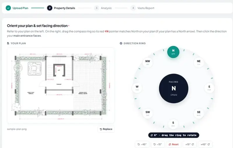 Velocity AOI's Vastu Analysis screen with an uploaded floor plan on the left and a compass ring on the right, turned so its North marker matches the plan's north before the report runs