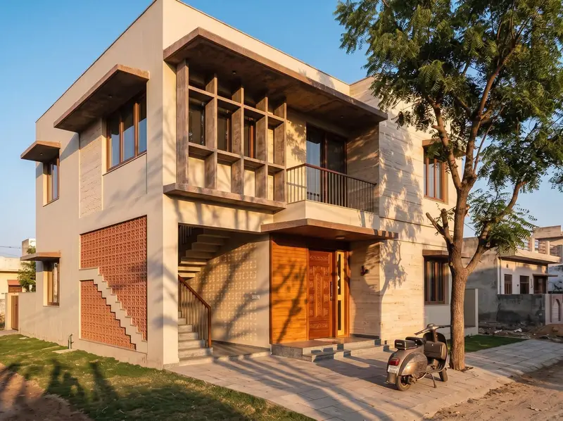 The west front of a two-storey house at about 4 pm, with deep concrete sunshades and a grid of vertical fins shading the first-floor windows, a terracotta jaali throwing patterned shadows on the staircase wall, and a neem tree shading the entrance. Illustrative image, made with AI