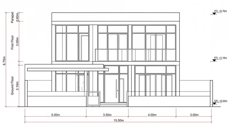 A 2D front elevation line drawing of a contemporary two-storey house with dimension strings for bays of 5.00, 3.50, 4.00 and 3.00 metres, 15.50 metres overall, floor levels at +3.10 and +6.70 metres and a 0.60 metre parapet