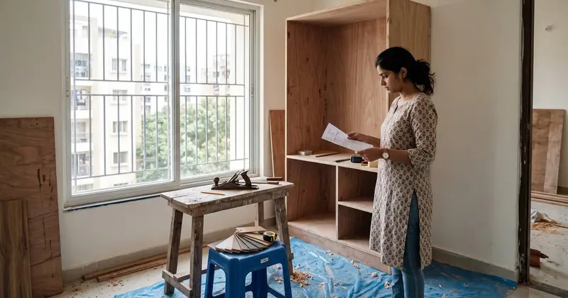A Bengaluru 2BHK flat during interior fit-out: a half-built plywood wardrobe carcass, laminate sample chips fanned out on a stool, a measuring tape on a carpenter's bench and the owner holding a printed quotation in afternoon window light. Illustrative image, made with AI.