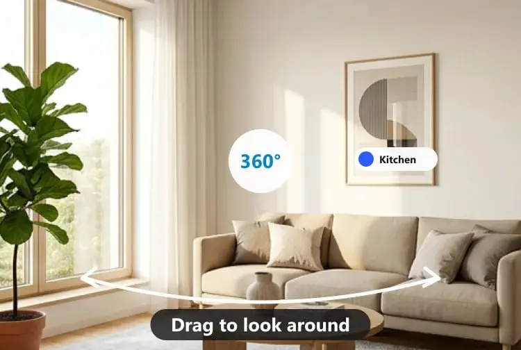 A 360-degree tour view of a furnished living room with a beige sofa, a fiddle-leaf fig and a framed print, showing a 360 badge, a doorway hotspot labelled Kitchen and a hint to drag to look around
