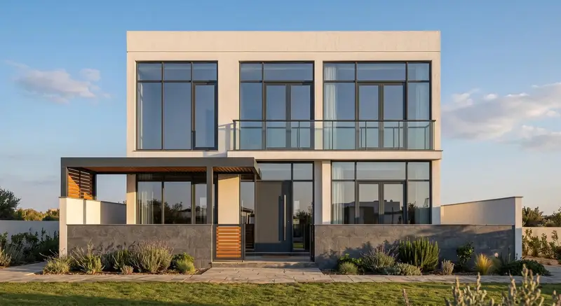 The same two-storey front rendered as a photoreal 3D elevation in evening light: light plaster walls, large glazed bays, a glass balcony on the first floor, a timber-slatted canopy and gate, and planting along a grey stone base wall