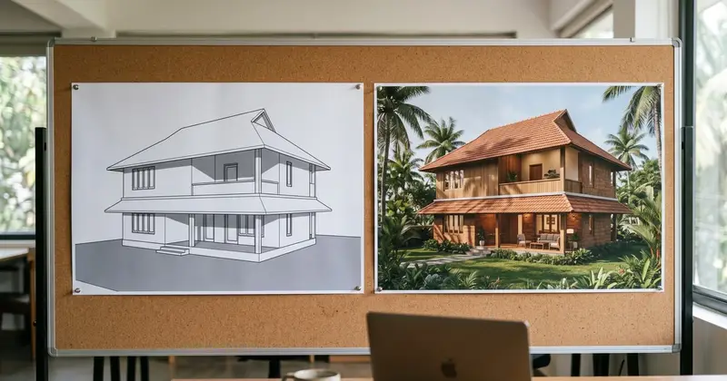 Two prints pinned on a cork board in a Kochi studio: a plain white SketchUp-style model of a sloped-roof house and a photorealistic render of the same house with laterite, timber and clay tiles. Illustrative image, made with AI.
